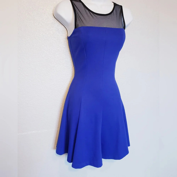 💚5/$25 Bar III Royal Blue & Black Mesh Fit & Flare Sleeveless Mini Dress - Picture 2 of 10